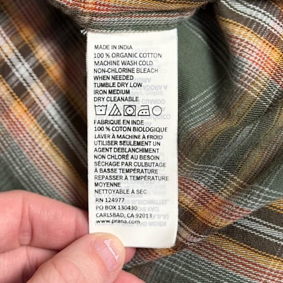 prAna Mens Dolberg Plaid Cotton Flannel Shirt in Kale Standard Fit Medium Tall - Picture 10 of 12